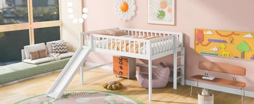 Wood House Loft Bed Frame with Slide and Storage Shelves Z806