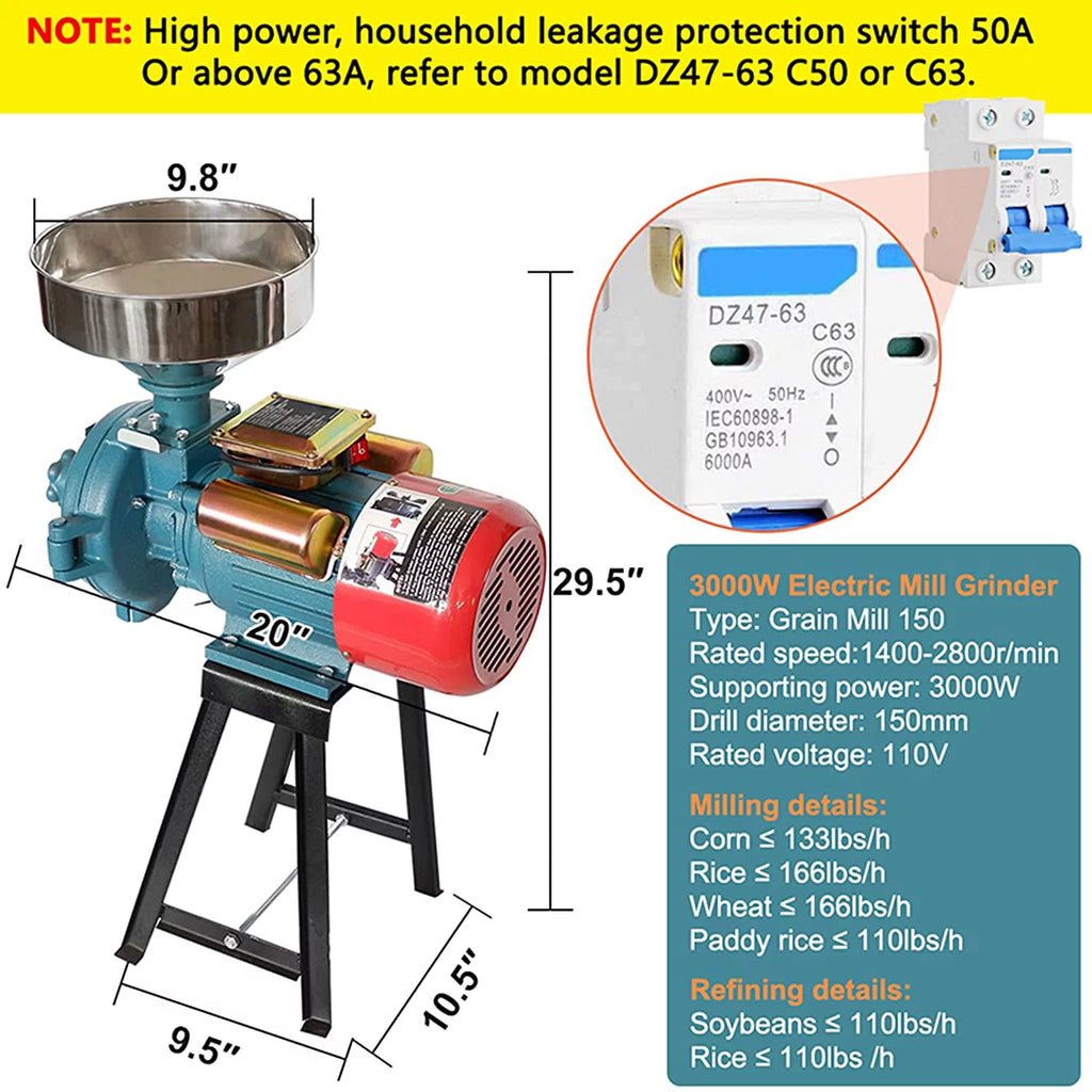 Electric Grain Mill, 3000W Flour Mill for Corn, Wheat, Rice and Coffee D115089