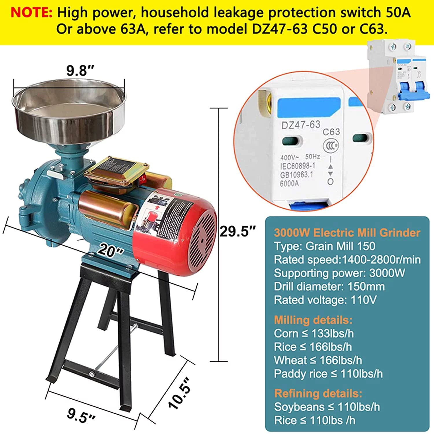 Electric Grain Mill, 3000W Flour Mill for Corn, Wheat, Rice and Coffee D115089
