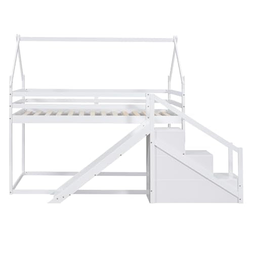 Wood House Loft Bed Frame with Slide and Storage Shelves Z806