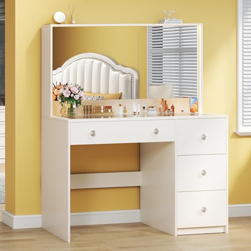 Vanity Desk with Mirror and Lights, 50" Makeup Vanity with Glass Top & Power Outlet F52929