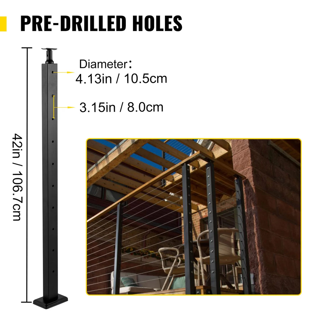 Cable Railing Post Level Deck Stair Post 42 x 1.97 x 1.97" Handrail Post Stainless Steel Brushed Finishing Pre-Drilled with Mounting Bracket Black G552172