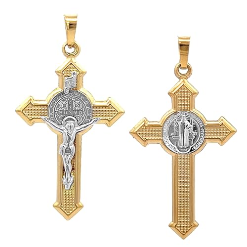 14k Two Tone Gold Saint Benedict INRI Crucifix Cross Reversible Pendant F6031