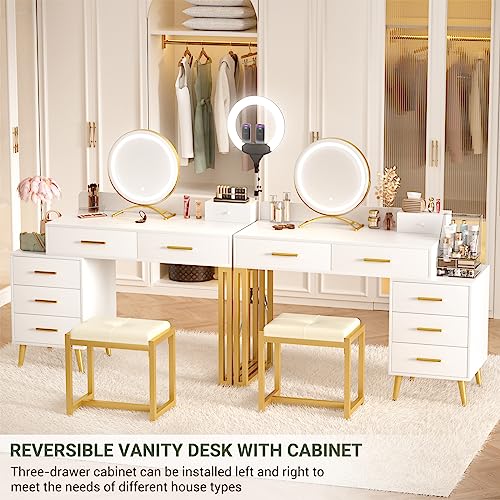 White Vanity Desk with Mirror and Lights, 6 Drawers and Stool Z334