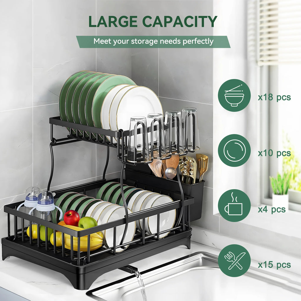 2 Tier Dish Drying Rack with Drainer for Kitchen Counter W99469