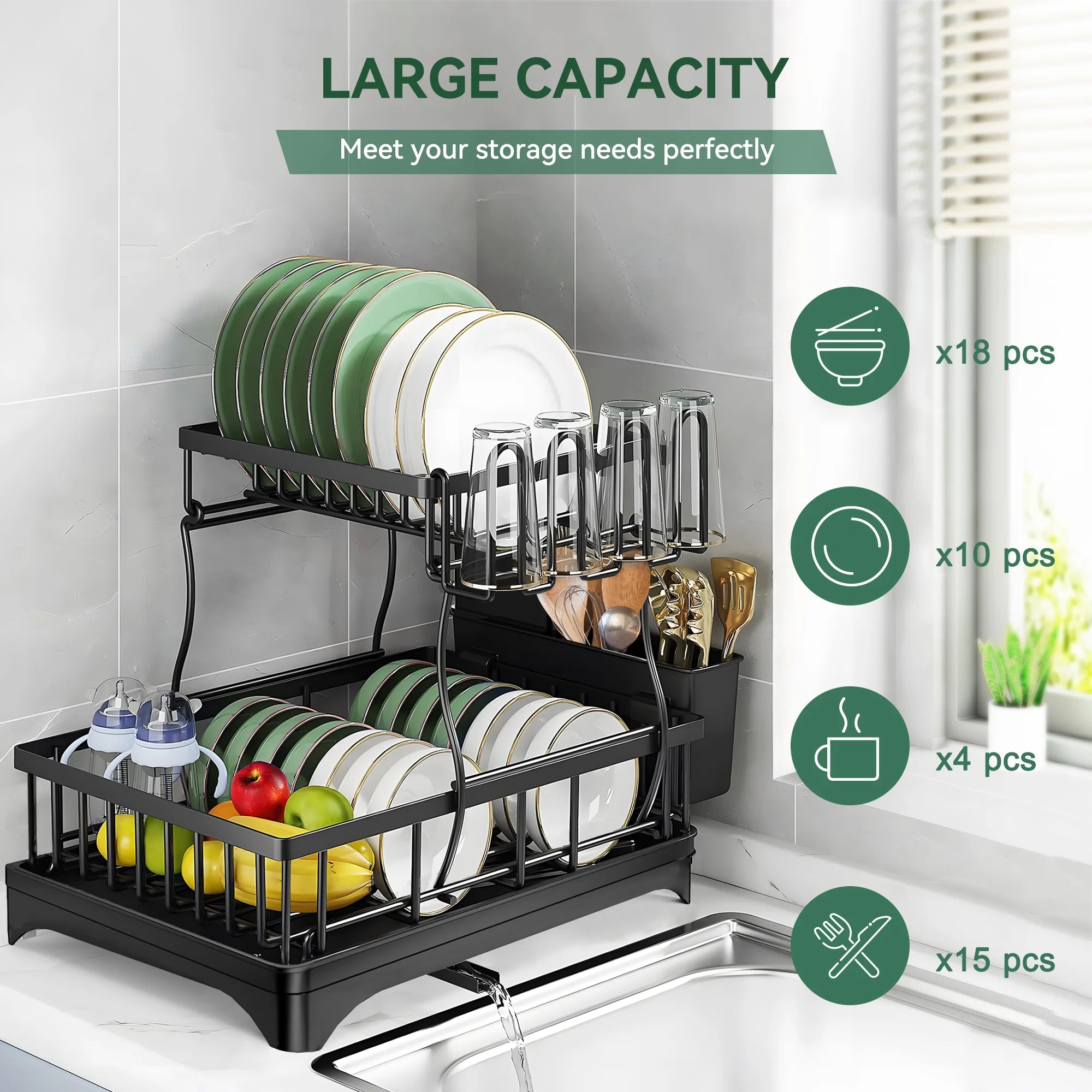 2 Tier Dish Drying Rack with Drainer for Kitchen Counter W99469