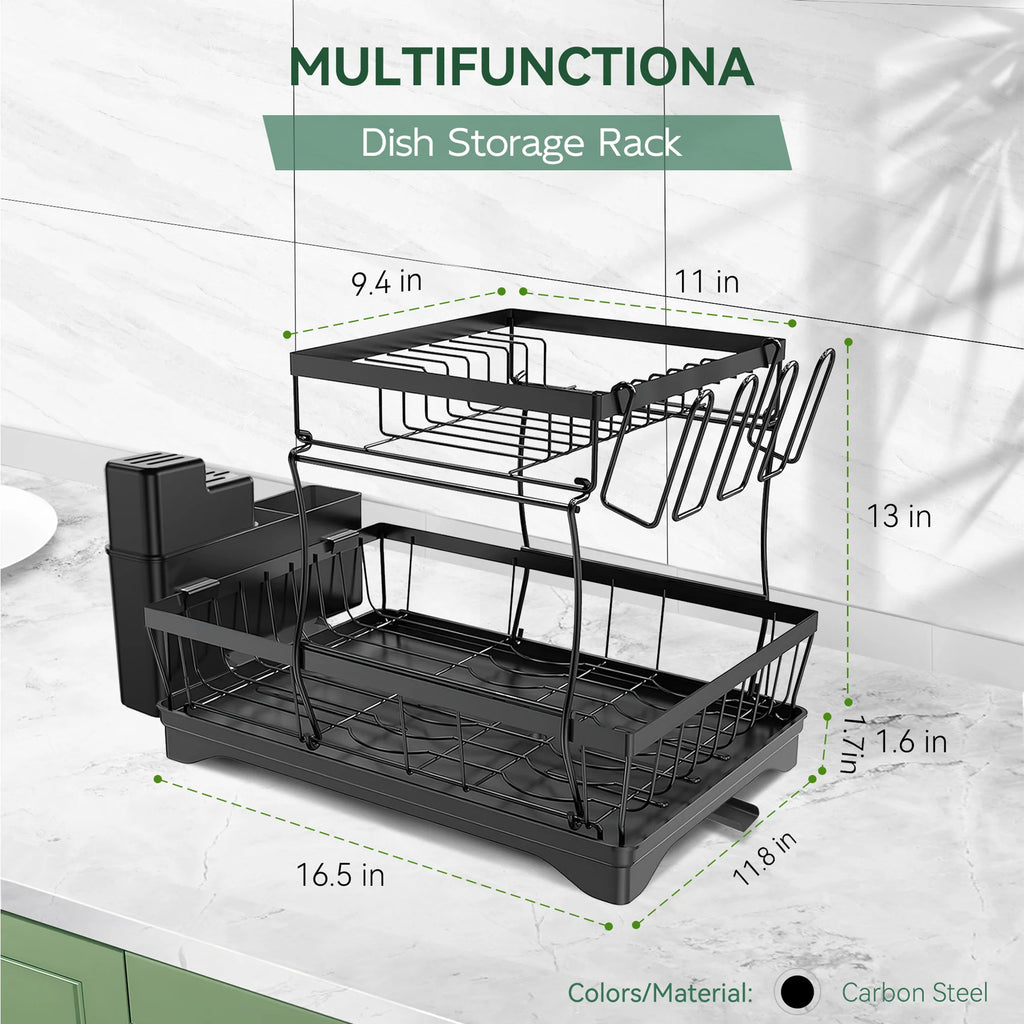 2 Tier Dish Drying Rack with Drainer for Kitchen Counter W99469