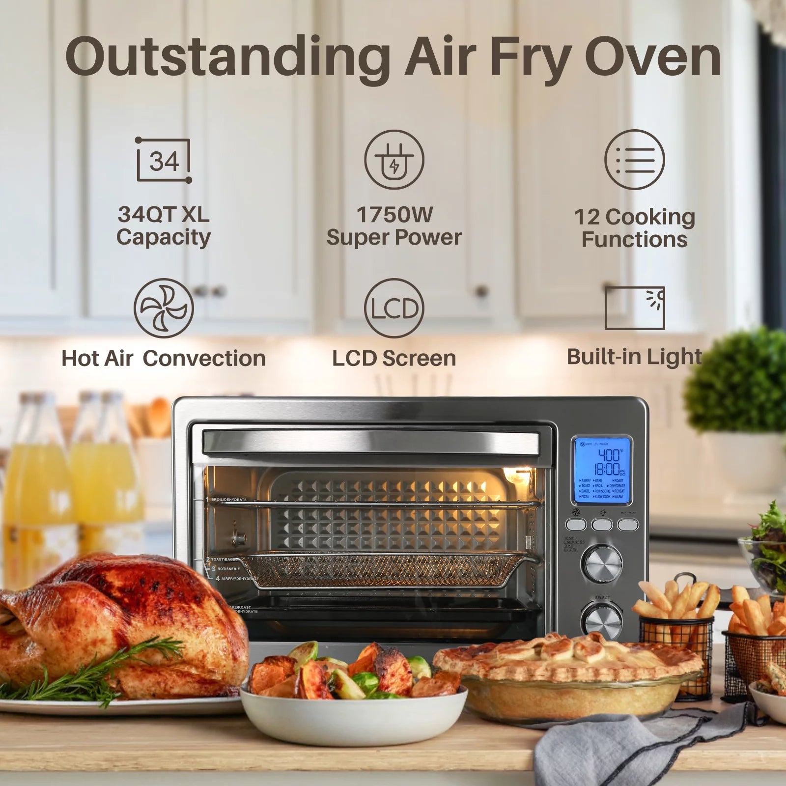 Air Fryer Toaster Oven 12-in-1 Countertop Convection Oven, 34 QT, Stainless Steel W674