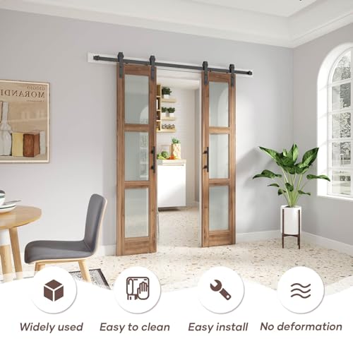 Double 18 x 84 inch Glass Barn Door with Hardware Kit & Handle Included, 3-Panel Frosted Glass, Need Assembly S404
