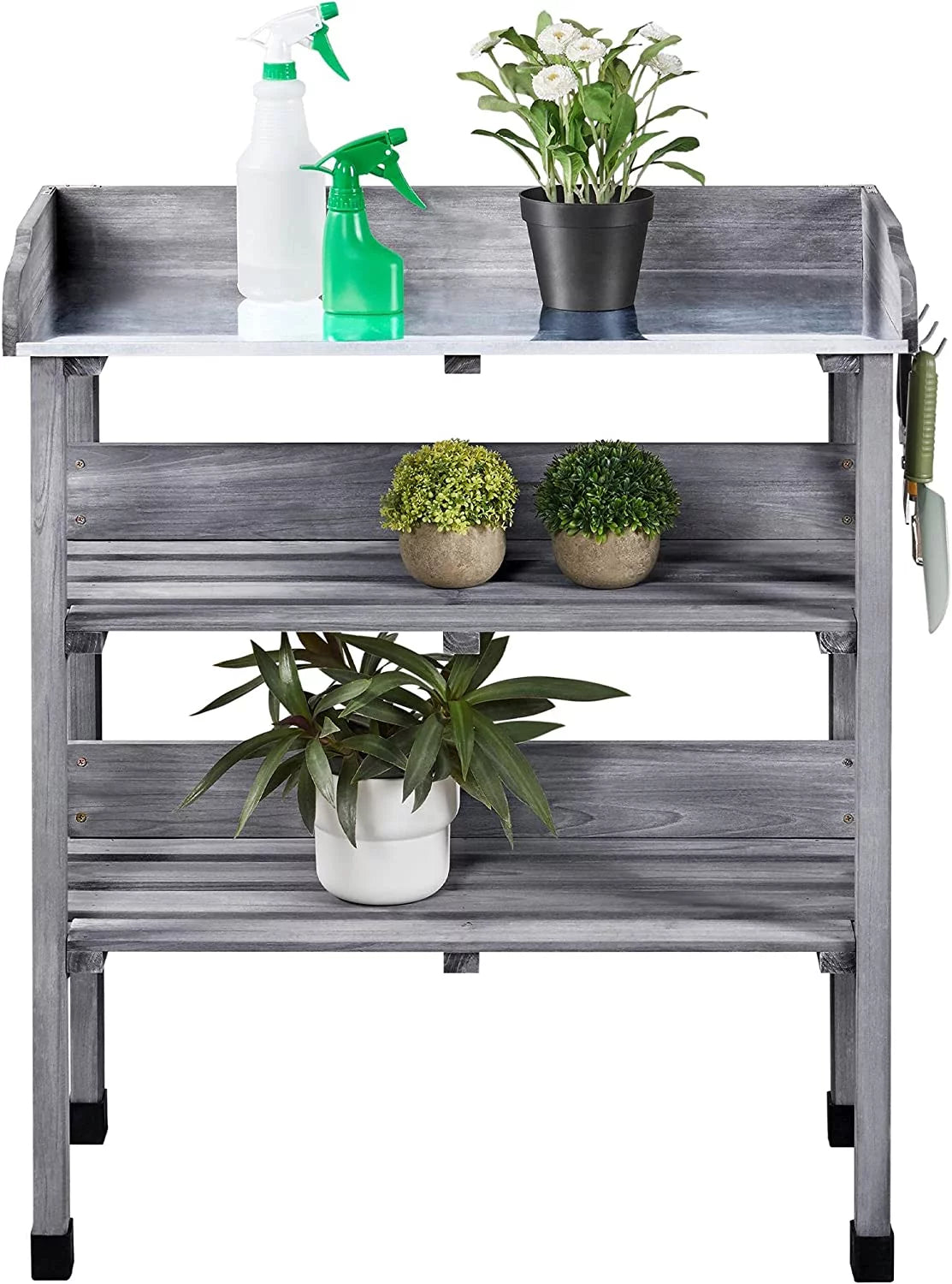 Wooden Potting Bench Table with Metal Tabletop and Storage Shelf A212159