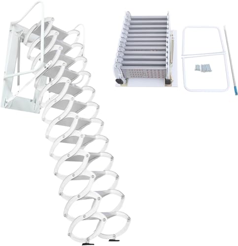 Attic Ladder Telescopic Ladder, 12 Steps Wall Mounted Folding Stairs Pull Down Loft Ladder Heavy Duty Al-Mg Alloy Attic Access Ladder 9.5-10FT Height with Armrests, 882LB Load Capacity