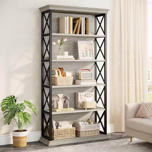 6-Tier Industrial Bookcase, 71 Inches Tall, Floor Standing Storage Shelves for Home Office, Brown and Black V7912