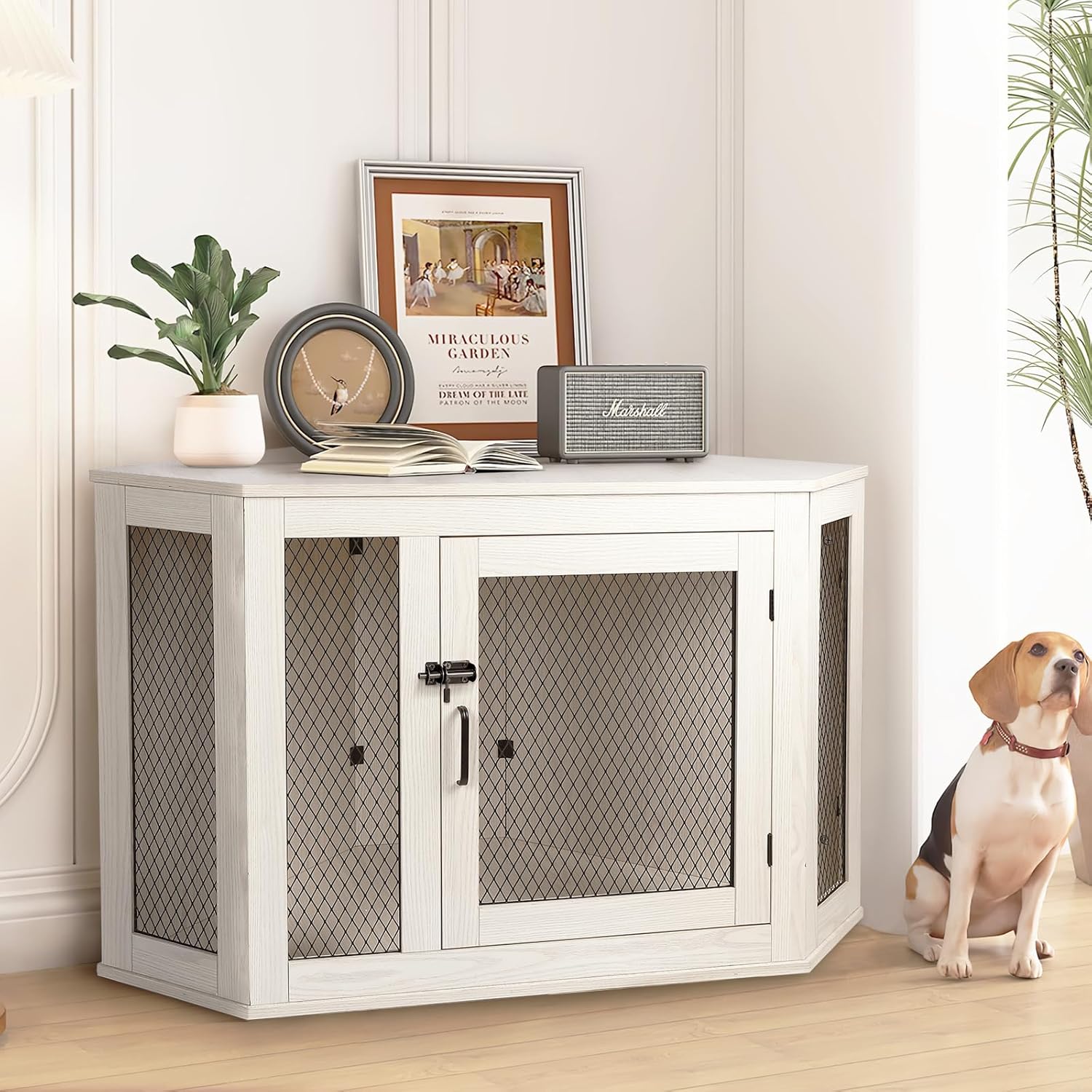 Wooden Corner Dog Crate Furniture with Metal Mesh for Indoor Use F604817