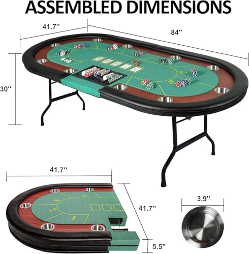 84" Foldable Poker Table with Chips Tray, 10 Player Oval, Green Felt U489