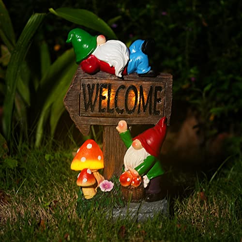 Garden Gnome Statue with Solar LED Lights for Outdoor Patio Yard Decor N332070