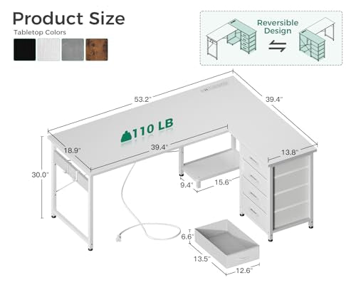 L Shaped Desk with 4 Tier Drawers, Power Outlets & USB, Corner Computer Desk with CPU Stand U4256