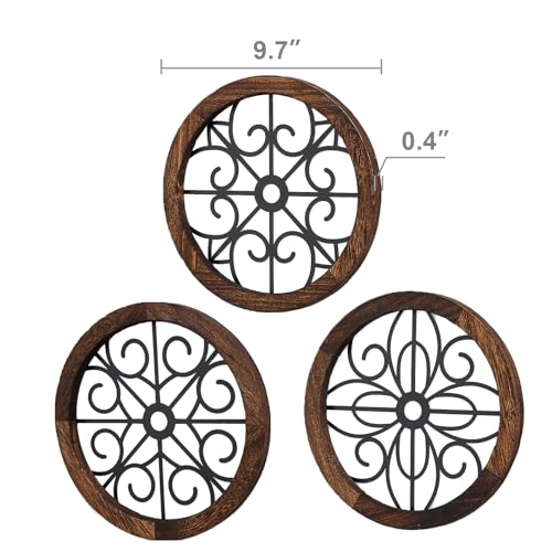 Rustic Round Wall Art 3 Pack Geometric Scrolled Metal with Wooden Frame R67379