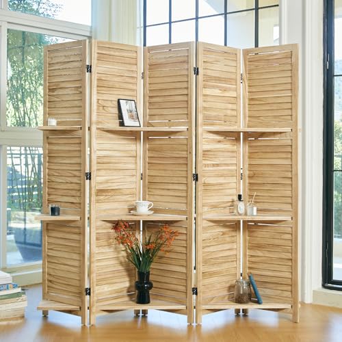 Folding Room Divider with Shelves, 6 Panels, Brown D785582
