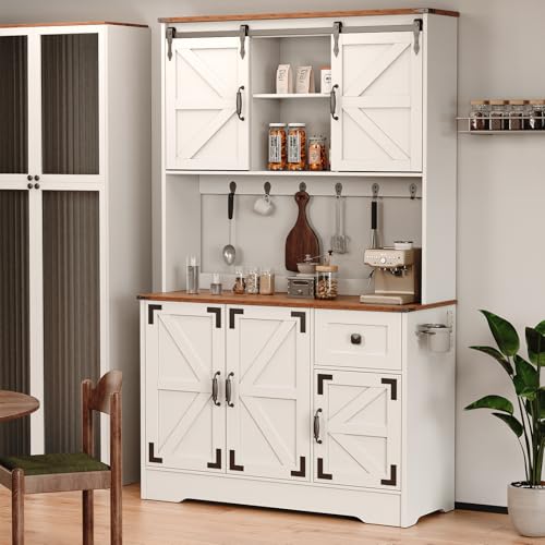 Kitchen Pantry Cabinet with Charging Station and Microwave Stand, White A481