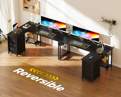 L Shaped Desk with 4 Tier Drawers, Power Outlets & USB, Corner Computer Desk with CPU Stand U4256