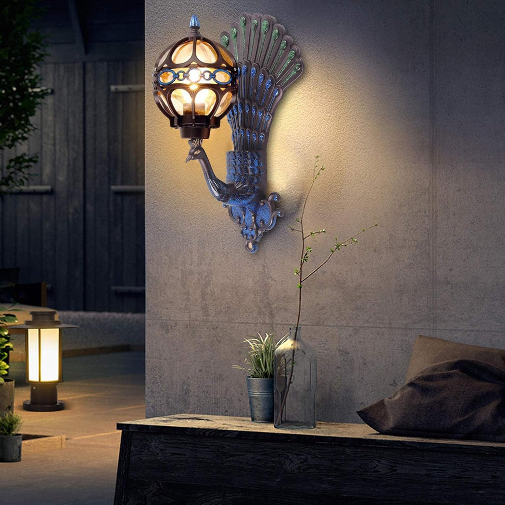 Peacock Wall Light Sconces, Metal and Glass Stained LED Antique Wall Lamp X6540