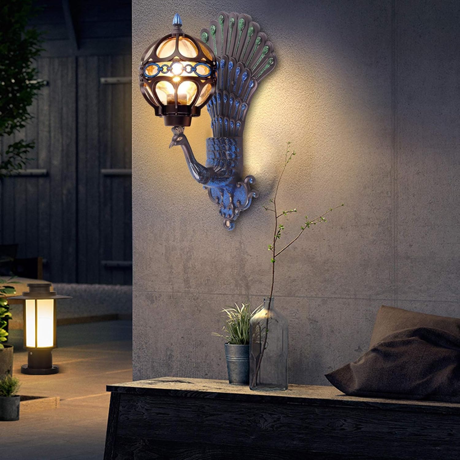 Peacock Wall Light Sconces, Metal and Glass Stained LED Antique Wall Lamp X6540