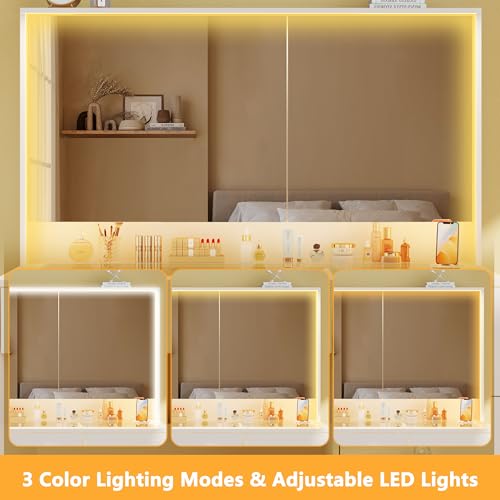 Vanity Desk with Mirror and Lights, 50" Makeup Vanity with Glass Top & Power Outlet F52929