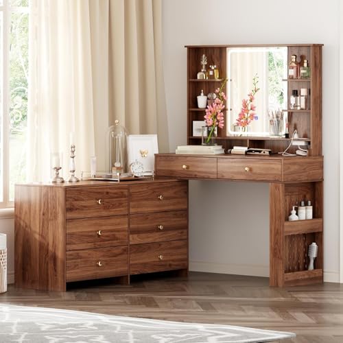 Large Makeup Vanity Desk with Mirror and Lights, 8 Drawers, Power Outlet B666