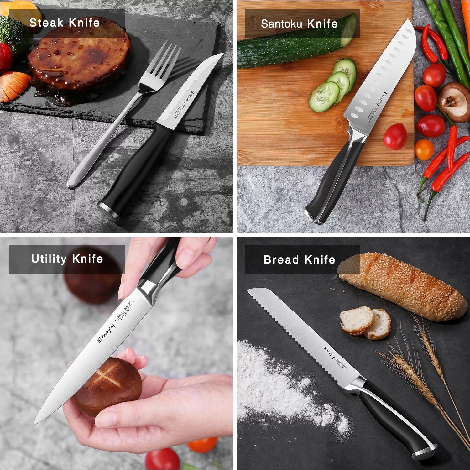 15-Piece Kitchen Knife Set with Wooden Block, Rust Proof, Black Handle I295515