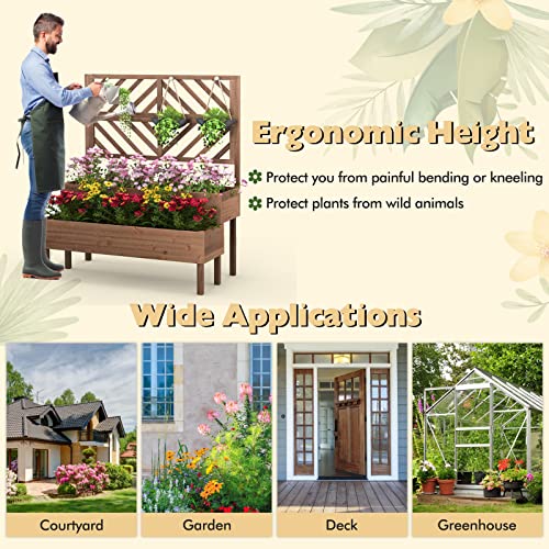 Raised Garden Bed with Trellis, 2-Tier Wooden Planter Box with Legs and Drain Holes F8672
