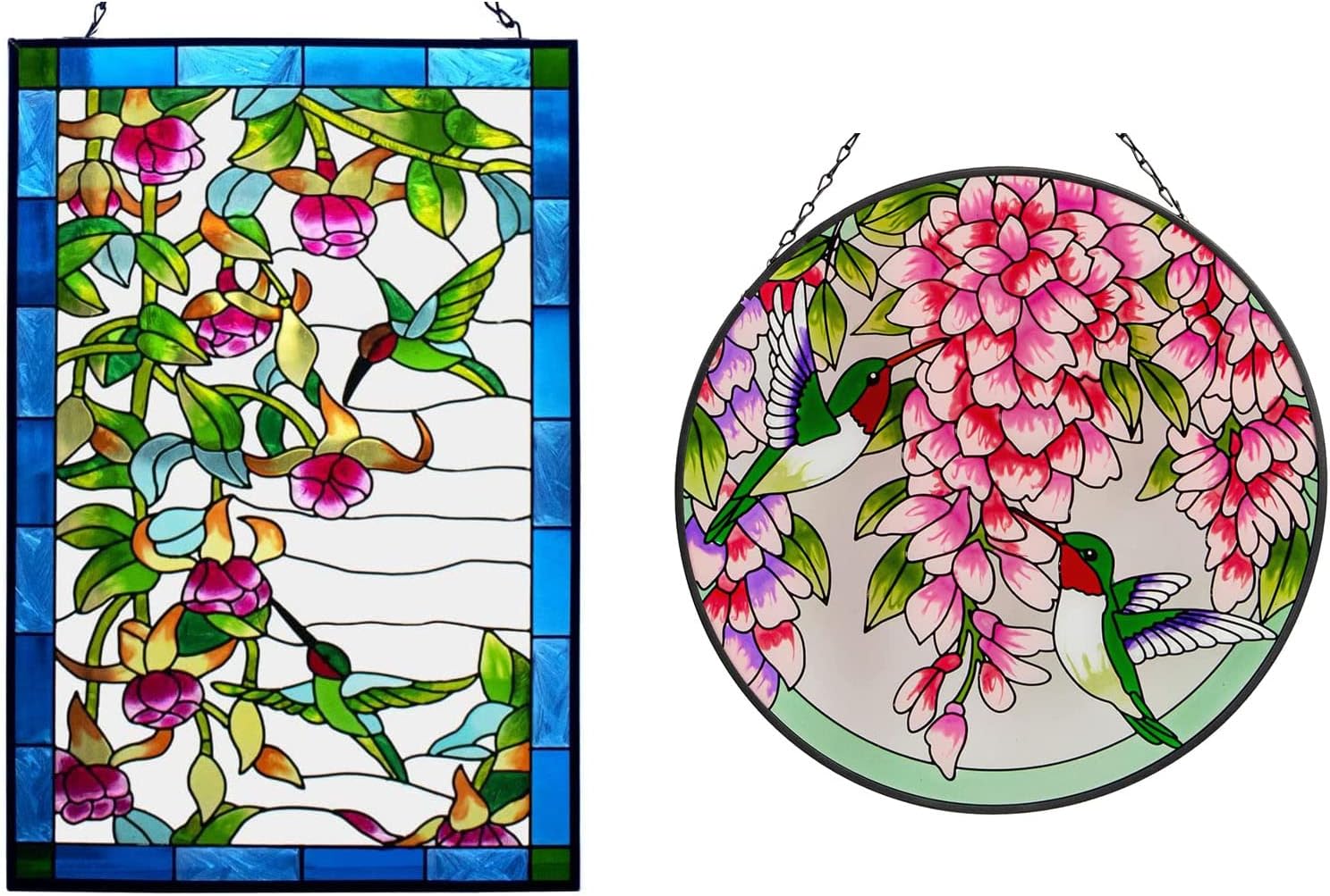 VEWOGARDEN W10xH15 inch + Round Hummingbird Stained Glass Window Hangings Colorful Suncatcher Panel with Chain