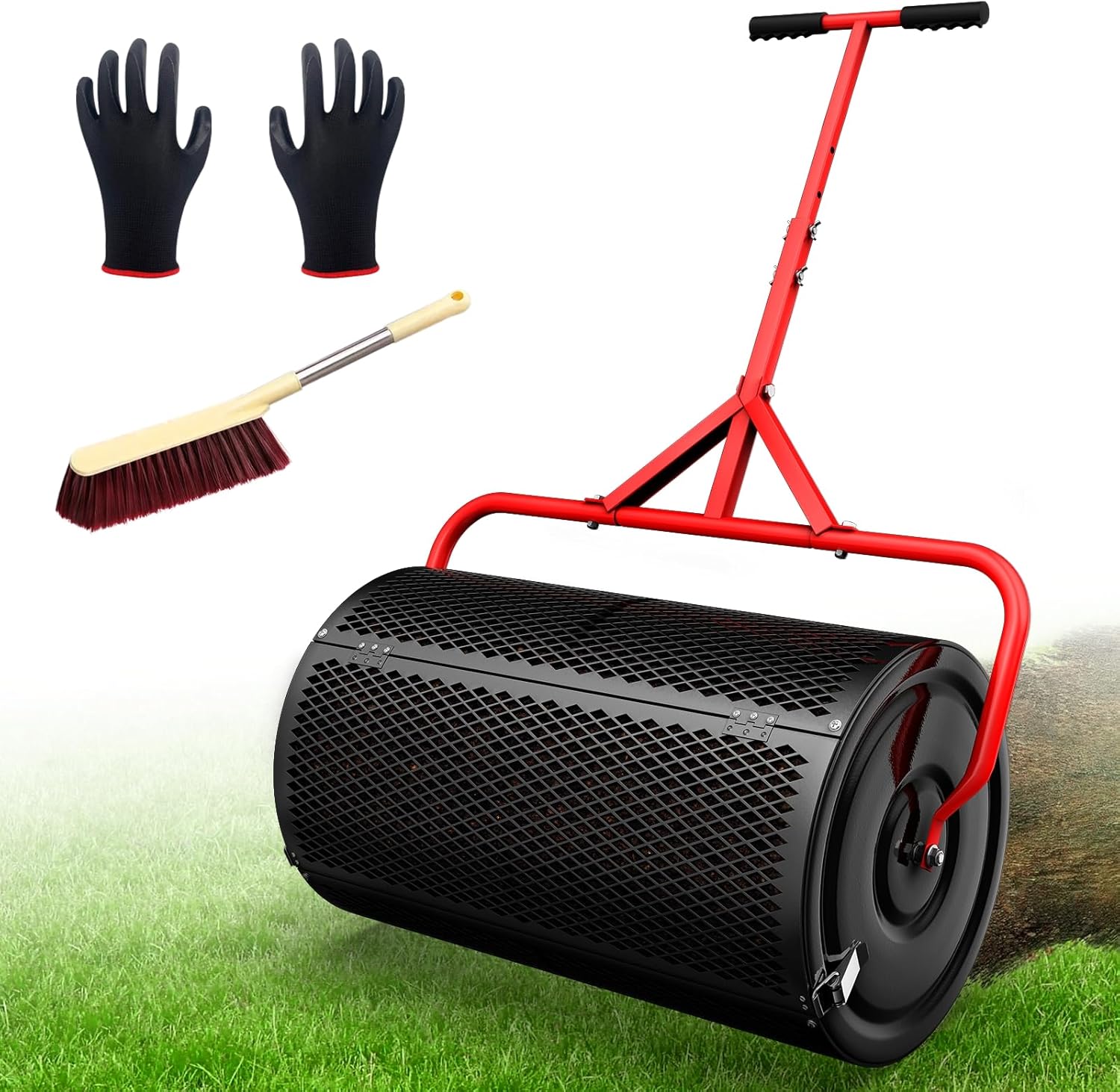 Compost Spreader Peat Moss Spreader for Lawn, 24 Inch Compost Roller Spreader with Adjustable T-Shaped Handle,Upgraded Side Clasps, Durable Lightweight Metal Roller, Lawn Garden Yard Care (Black)