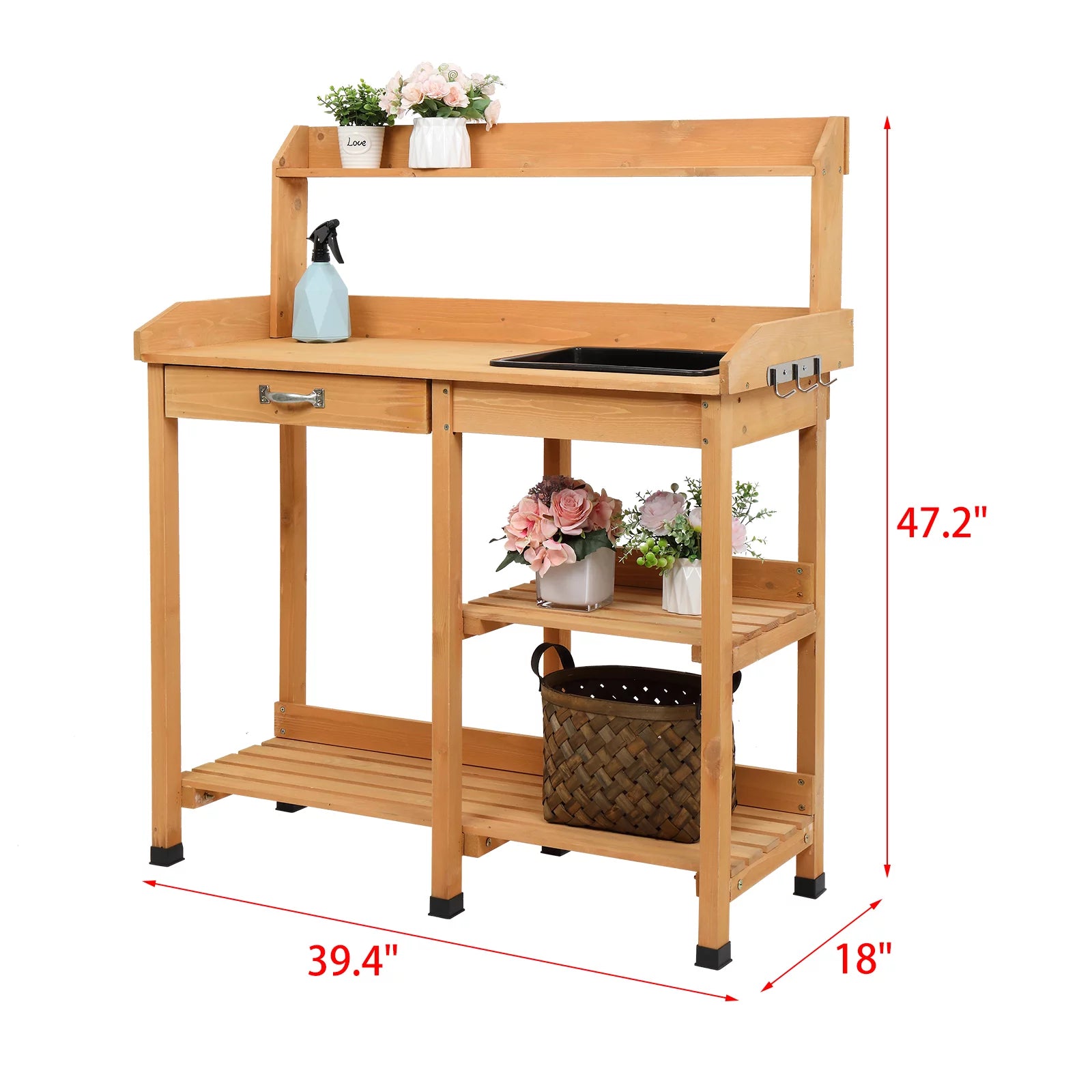 Wooden Potting Bench with Sink, Hooks and Storage Shelf Q510378