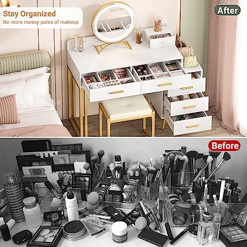 White Vanity Desk with Mirror and Lights, 6 Drawers and Stool Z334