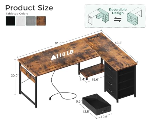 L Shaped Desk with 4 Tier Drawers, Power Outlets & USB, Corner Computer Desk with CPU Stand U4256