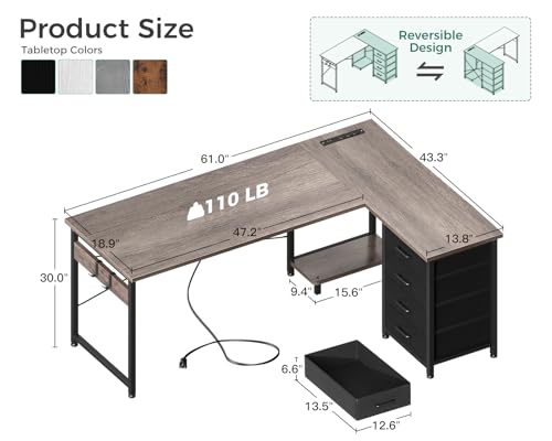 L Shaped Desk with 4 Tier Drawers, Power Outlets & USB, Corner Computer Desk with CPU Stand U4256