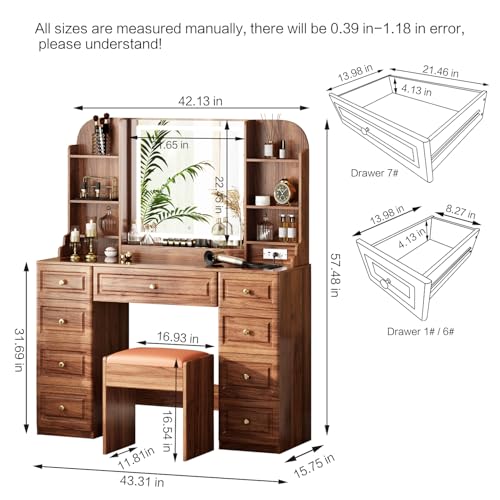 Makeup Vanity Desk with Mirror and Lights, Glass Top, 9 Drawers M5813