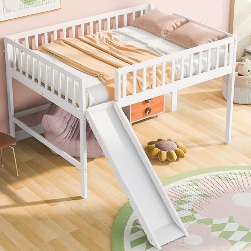 Wood House Loft Bed Frame with Slide and Storage Shelves Z806