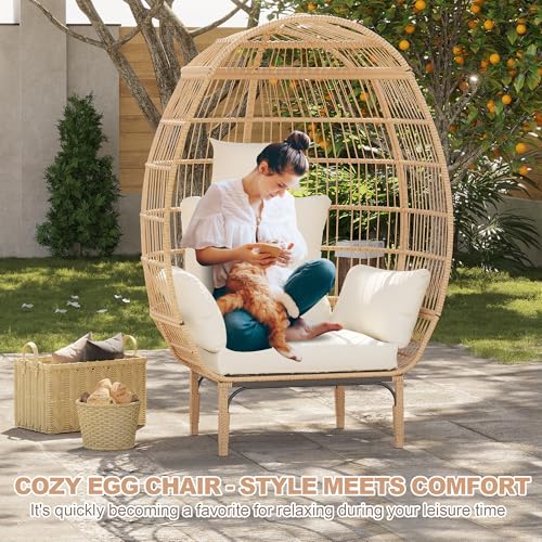 Oversized Wicker Egg Chair with 5 Cushions for Patio and Living Room I822