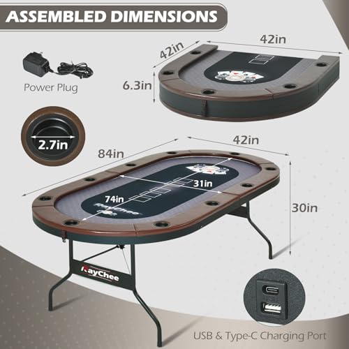LED Poker Table, 10 Player Foldable Texas Holdem with LED Lights, USB Ports, Cup Holders A93805