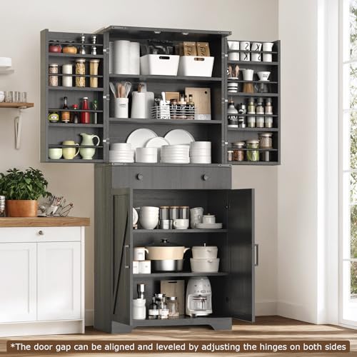 Farmhouse Pantry Cabinet with 6 Shelves and Barn Doors, Brown K34379