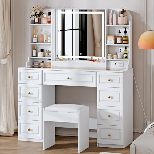 Makeup Vanity Desk with Mirror and Lights, Glass Top, 9 Drawers M5813