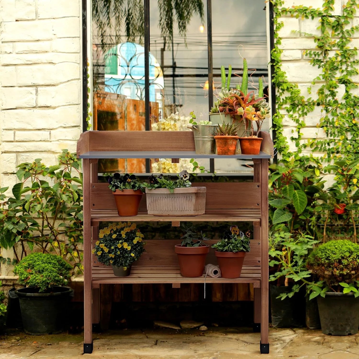Wooden Potting Bench Table with Metal Tabletop and Storage Shelf A212159