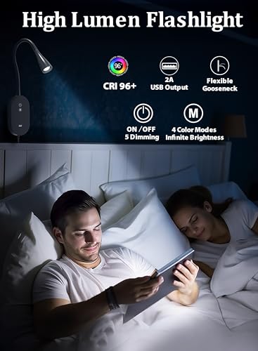 Wall Mounted Reading Light Set of 2, Dimmable Touch Control USB, LED Flexible Gooseneck T698514