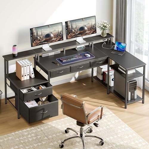 L Shaped Desk with File Drawers, Power Outlet & LED Lights, Corner Computer Desk with Monitor Stands Z425