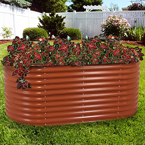 Oval Raised Garden Bed - Stackable Steel Planter Kit with Rubber Edge Trim - Brown I830813