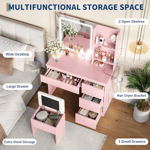 Vanity Desk with Mirror and Lights, 4 Drawers and Storage Stool D711