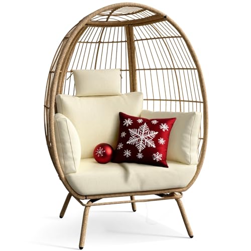 Rattan Egg Chair with Ottoman, Indoor Outdoor Wicker Chair with Footrest, 5 Cushions F541
