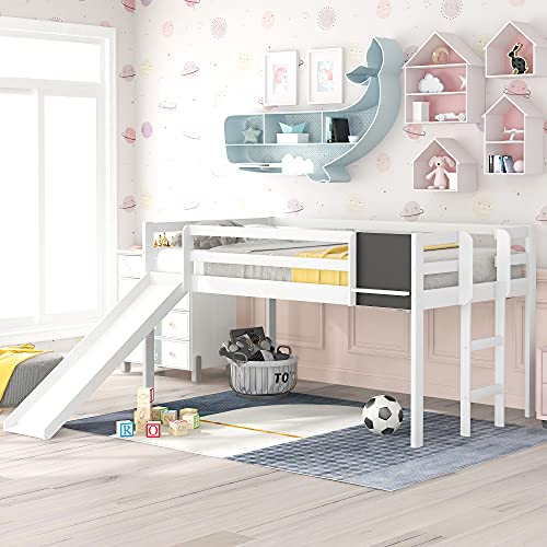 Wood House Loft Bed Frame with Slide and Storage Shelves Z806