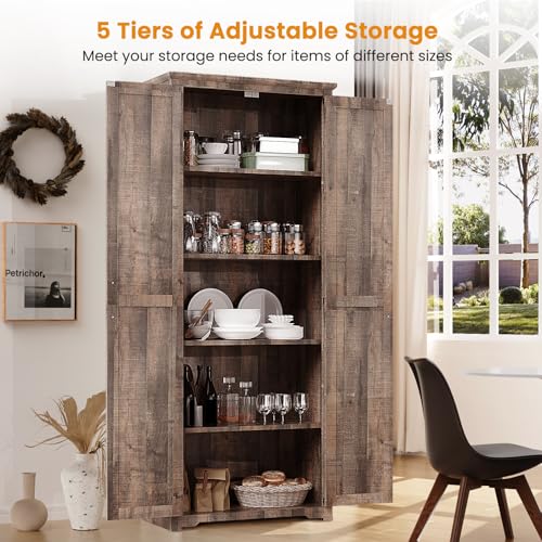 Farmhouse Pantry Cabinet with 6 Shelves and Barn Doors, Brown K34379